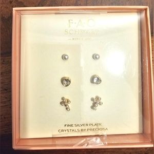 NWT-FAO Schwarz-Girl's Earring Set-3 Pairs-Fine Silver Plate & Crystals